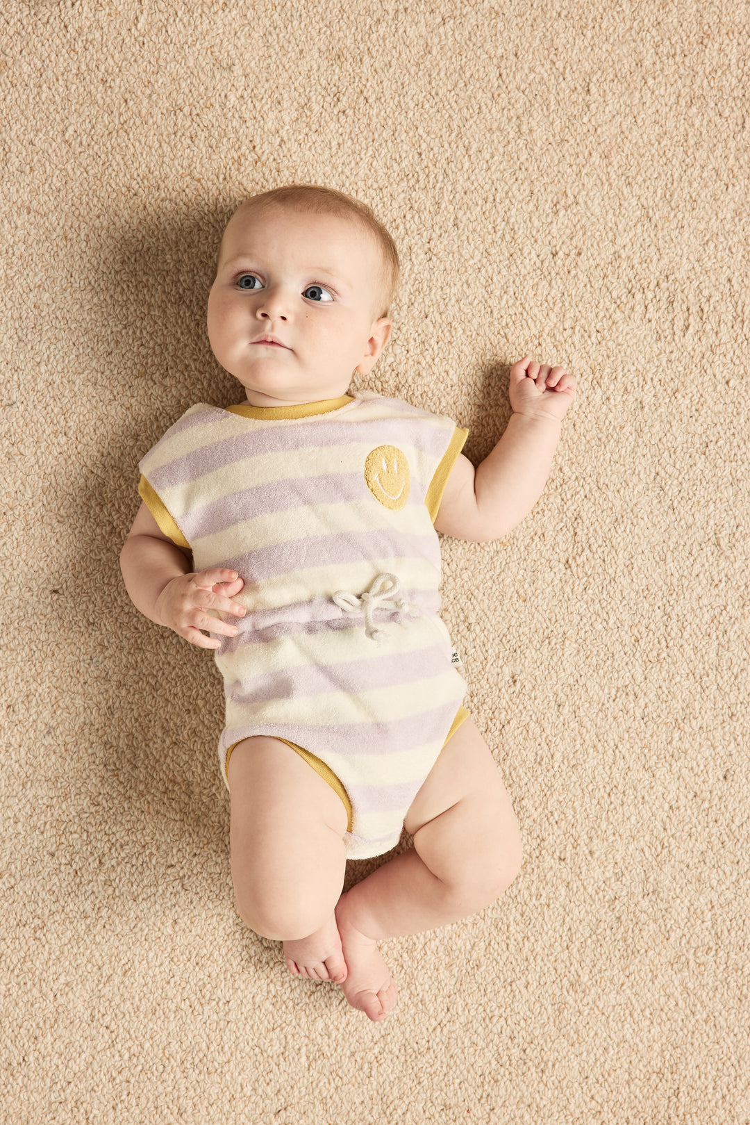 G A SMILEY BABY TERRY TOWELLING ROMPER LAVENDER IVORY Chasing The Sun Store